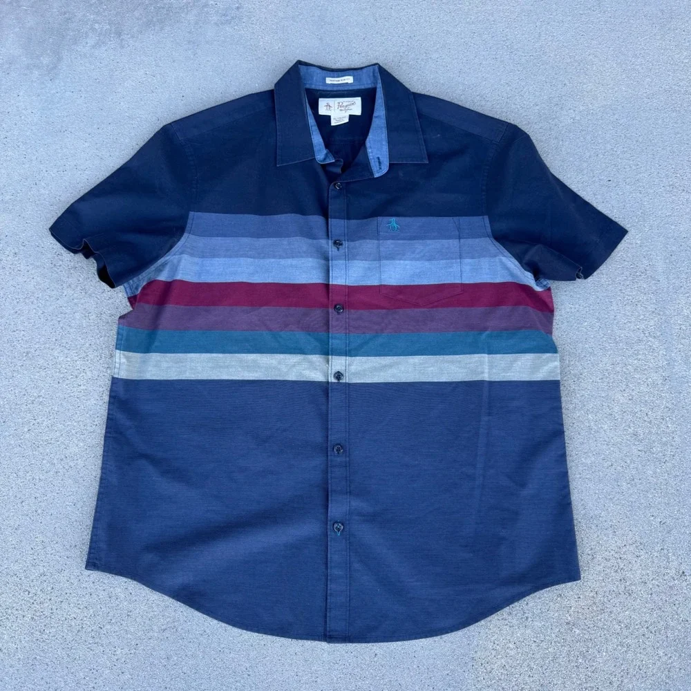 Original Penguin Men Slim Fit Striped Short Sleeve Button Up Shirt XL - Picture 2 of 8